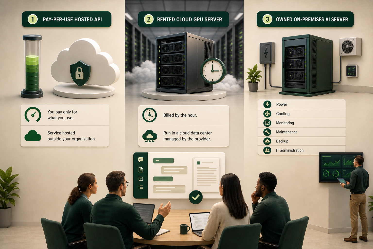 Medium-business team comparing pay-per-use hosted AI, a rented cloud GPU server, and an owned on-premises AI server with power, cooling, monitoring, backup, and administration